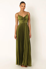 ladiesstreet Naira Pleated Maxi Dress - Palm Green thin adjustable straps soft feel partially lined 100% polyester Masquerade costumes