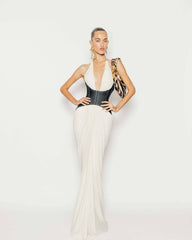 White Halter Deep V Denim Corset Draped Maxi Gown