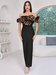 Black Off-Shoulder Leopard Ruffle Gown